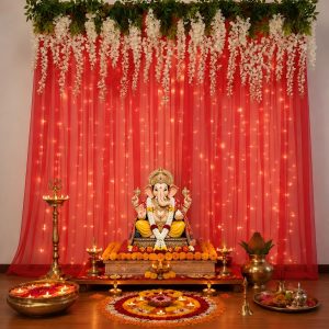 Party Propz Red Satin Backdrop with Ivory Wisteria – 8 Pc Festive Pooja & Wedding Decor