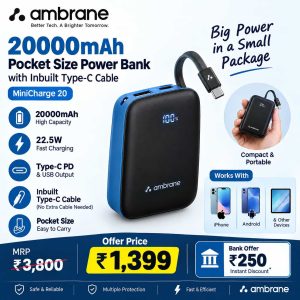 Ambrane MiniCharge 20 20000mAh Power Bank Review – 22.5W Fast Charging with Built-in Type-C Cable