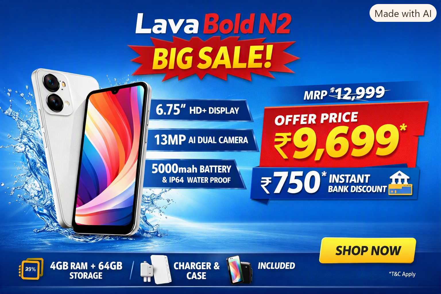 Lava Bold N2 (White) | 6.75″ HD+ Display + 5000mAh Battery