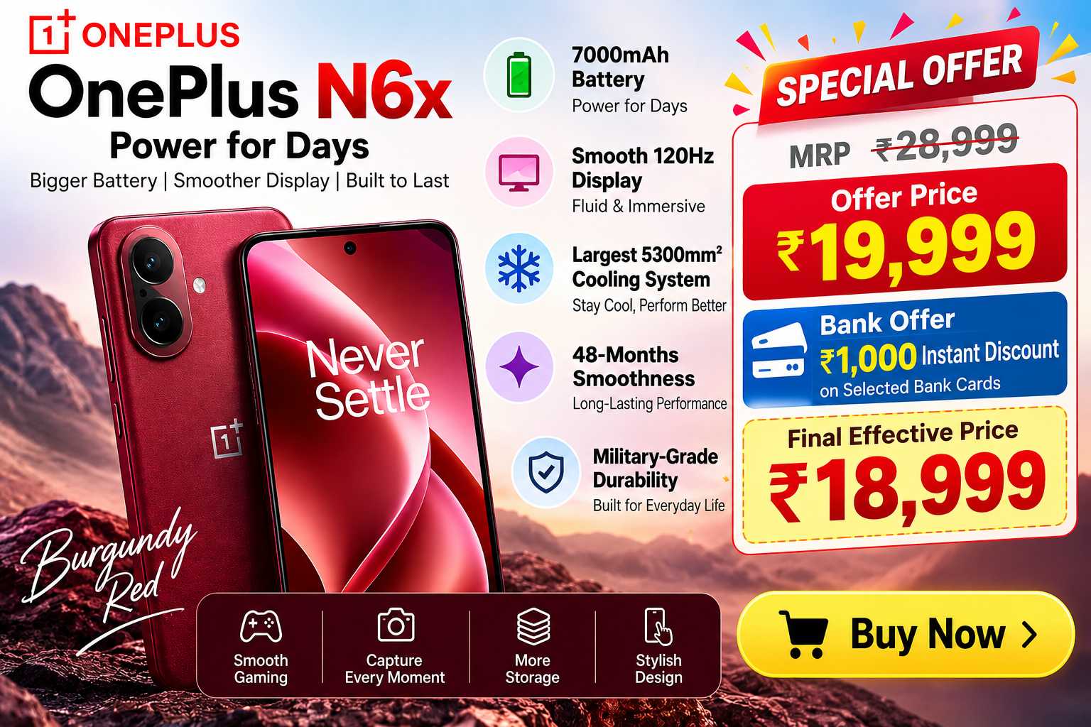 OnePlus N6x 5G Smartphone (4GB RAM, 128GB Storage) – Burgundy Red | 7000mAh Battery, 120Hz Display & Military-Grade Durability