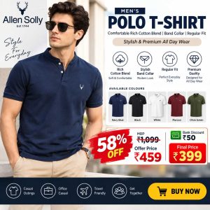 Allen Solly Men's Premium Polo T-Shirt – Rich Cotton Blend, Band Collar, Regular Fit & Stylish Everyday Wear