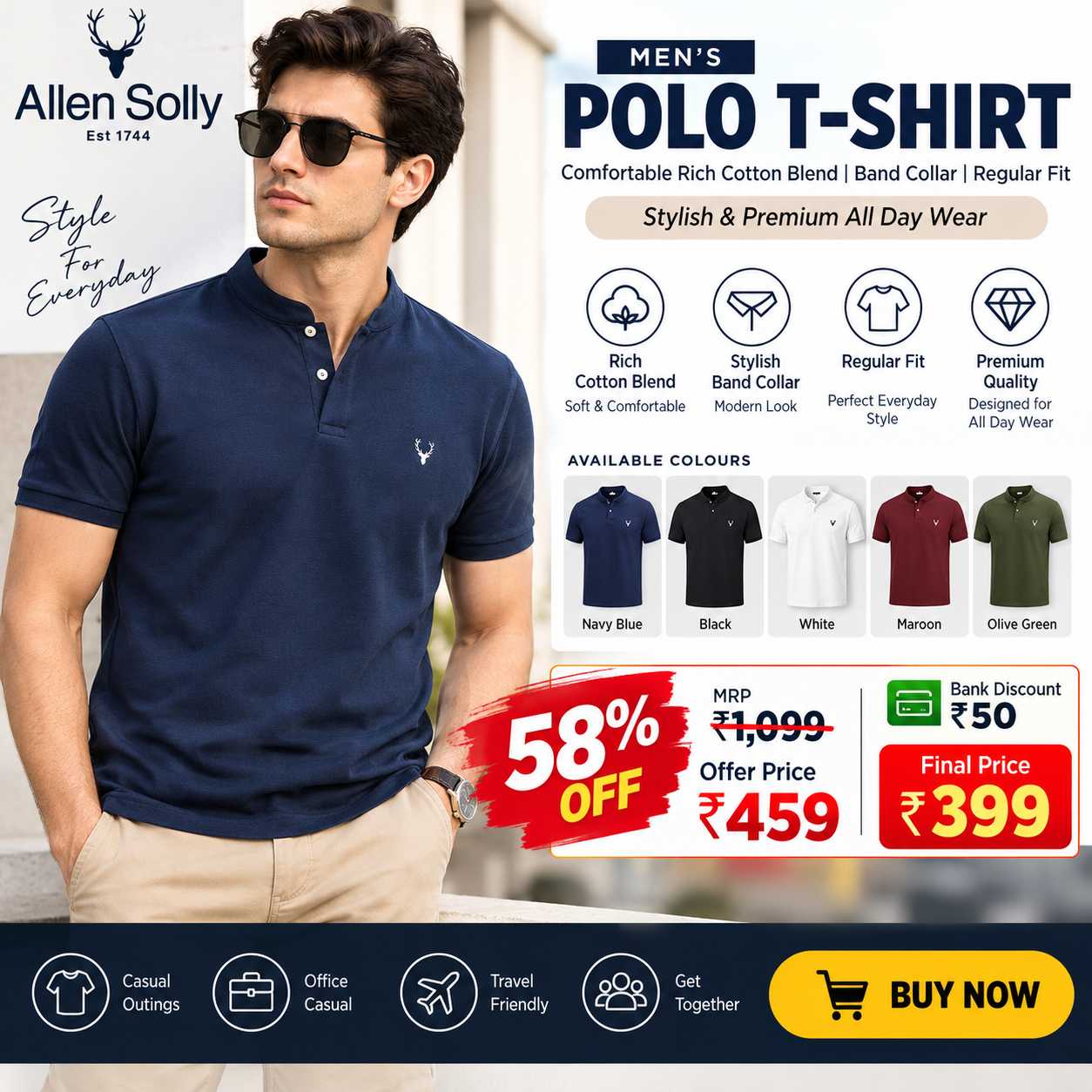 Allen Solly Men's Premium Polo T-Shirt – Rich Cotton Blend, Band Collar, Regular Fit & Stylish Everyday Wear