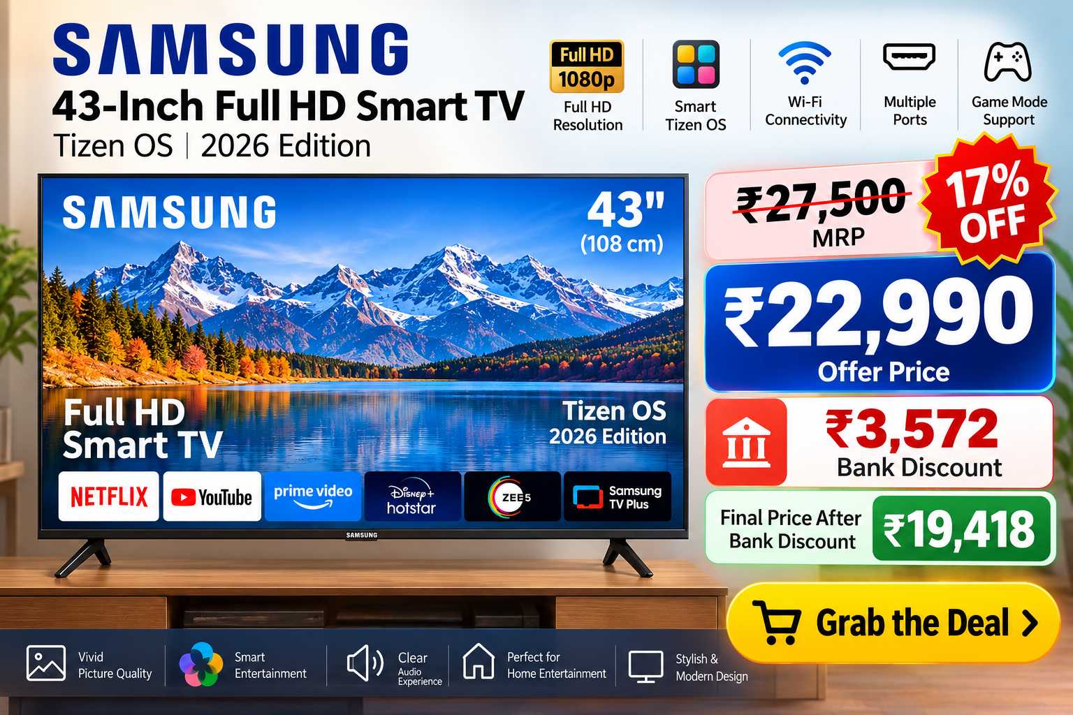 Samsung 43-Inch Full HD Smart LED TV (2026 Edition) – Tizen OS, Smart Entertainment & Stunning Picture Quality