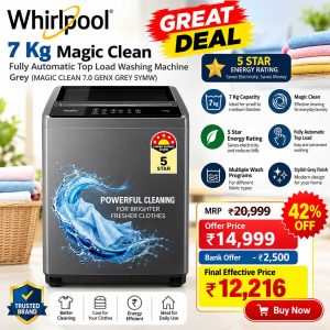 Whirlpool 7 Kg Magic Clean Fully Automatic Top Load Washing Machine – 5 Star Energy Rating, Grey (MAGIC CLEAN 7.0 GENX GREY 5YMW)