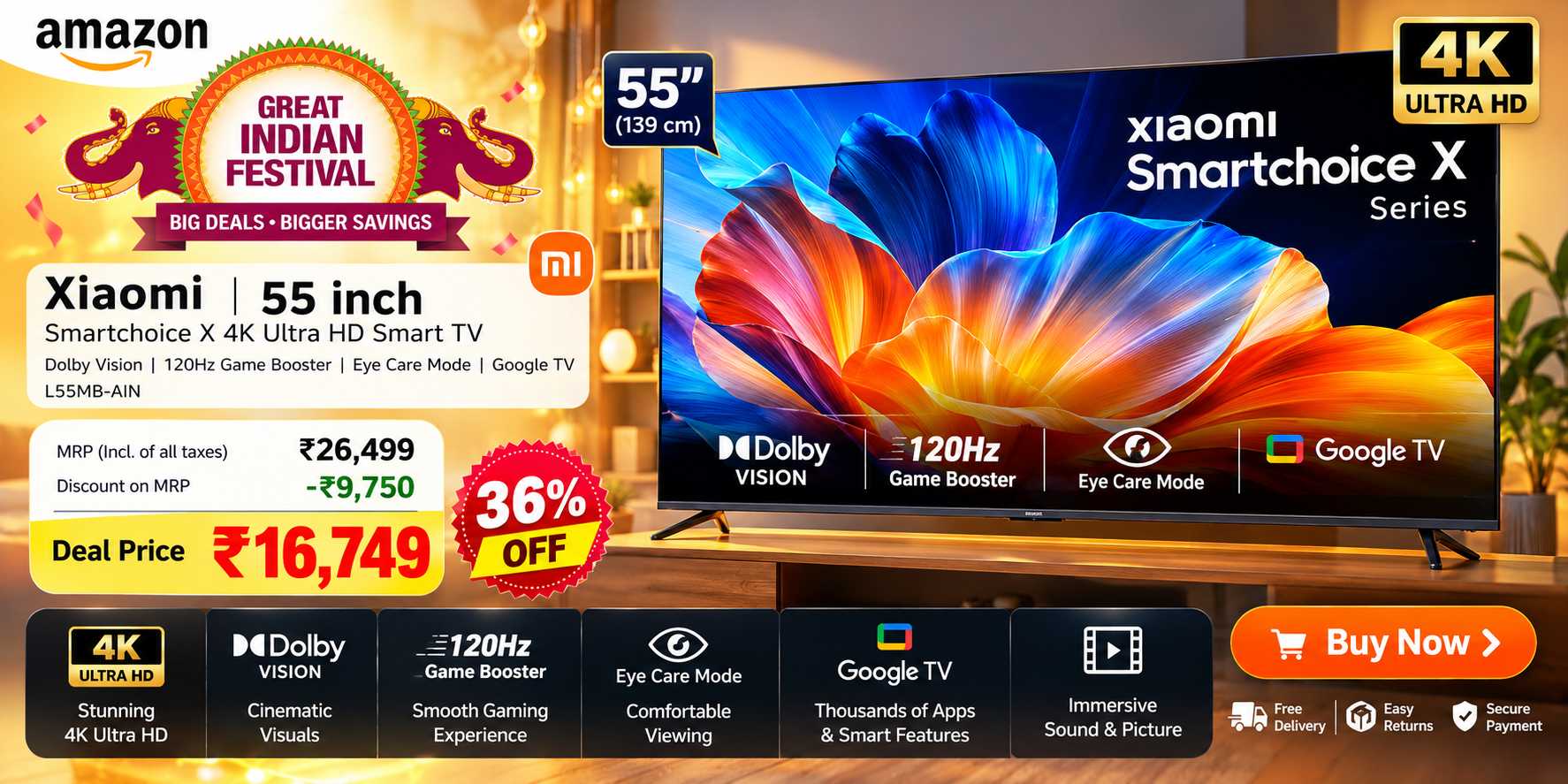 Xiaomi 55 Inch Smartchoice X 4K Ultra HD Smart TV – 55-Inch Google TV with Dolby Vision & 120Hz Game Booster