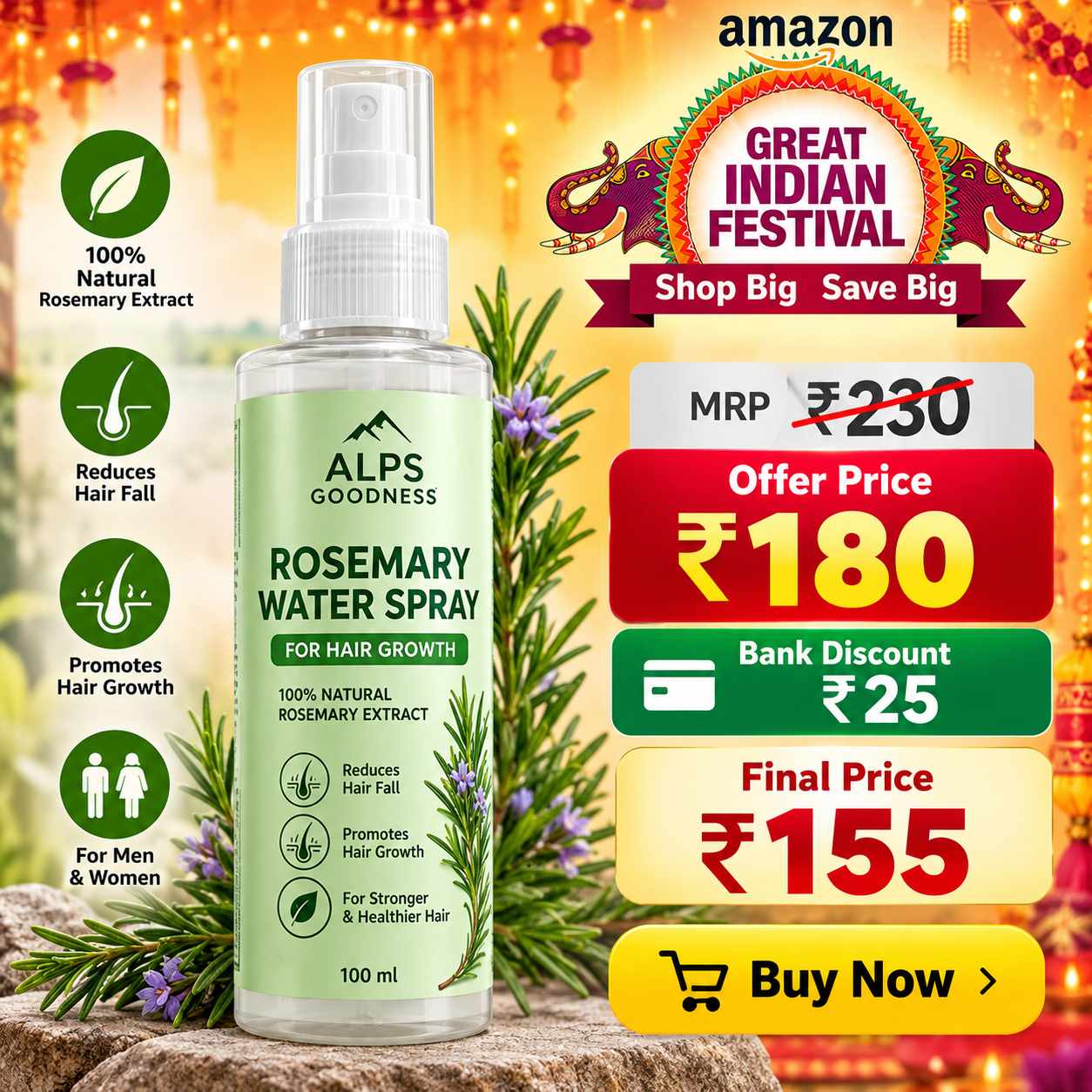 Alps Goodness Rosemary Water Spray 100ml for Hair Care | Rosemary Extract Scalp Spray for Men & Women